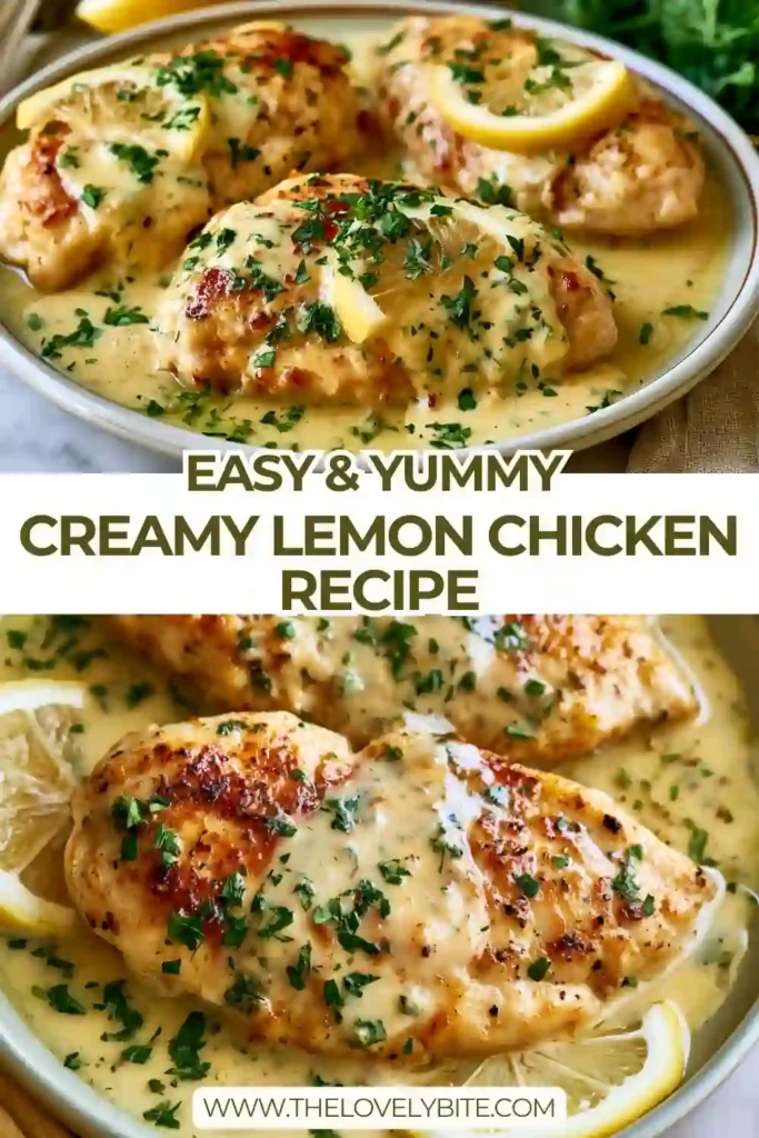 Golden-brown chicken breasts served in a creamy lemon sauce with fresh herbs. This easy lemon garlic chicken dinner looks rich, comforting, and delicious.