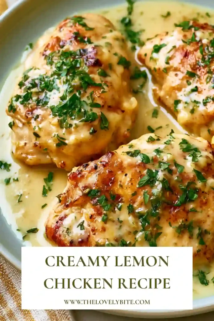 Creamy lemon chicken cooked in a skillet with fresh parsley garnish and bright citrus flavors. The rich sauce perfectly coats each juicy piece of chicken.