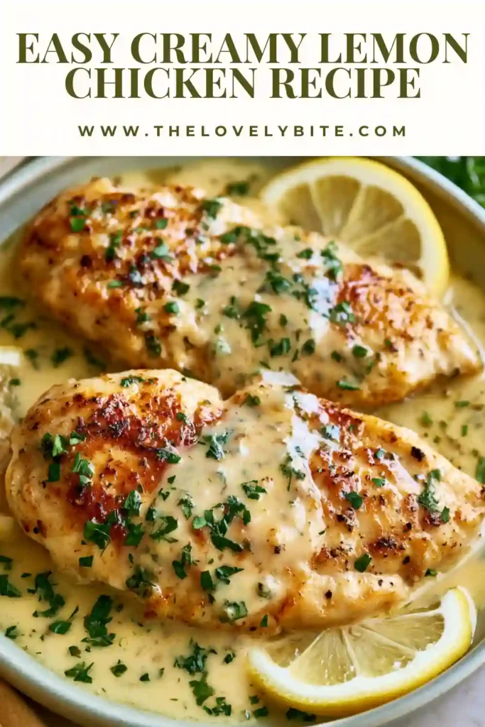 Close-up of tender chicken breasts covered in a silky lemon cream sauce. Fresh parsley and lemon zest add color and flavor to this comforting meal.