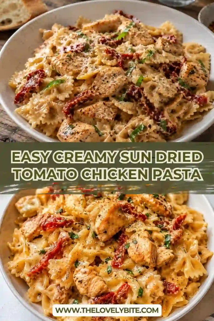 Close-up of Creamy Sun Dried Tomato Chicken Pasta served with extra parmesan and lemon. The pasta is coated in a rich sauce filled with vibrant tomatoes and fresh greens.