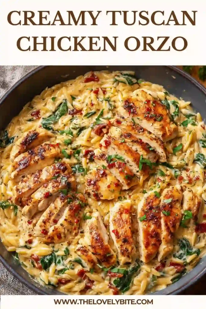 A skillet of Creamy Tuscan Chicken Orzo topped with sliced chicken, fresh basil, spinach, and sundried tomatoes. The creamy Parmesan sauce coats every bite of tender orzo pasta.