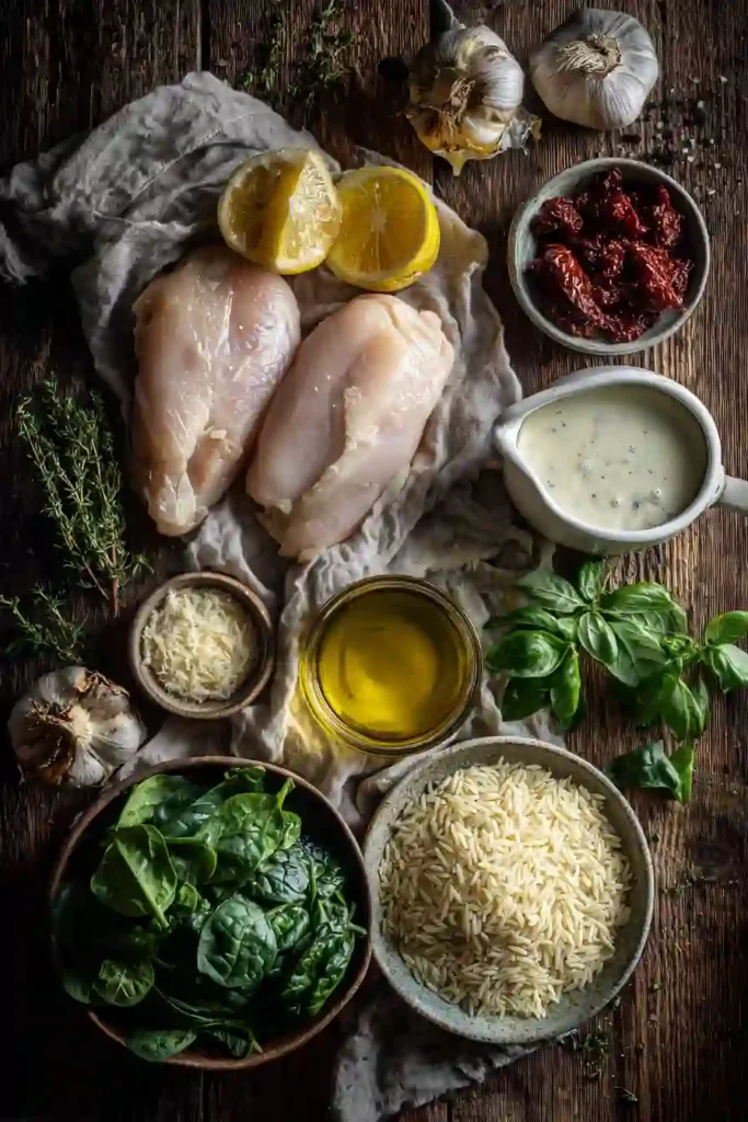 Creamy Tuscan Chicken Orzo in a cast-iron skillet garnished with basil and Parmesan. Rich sauce, tender chicken, and colorful vegetables create a hearty dinner presentation.