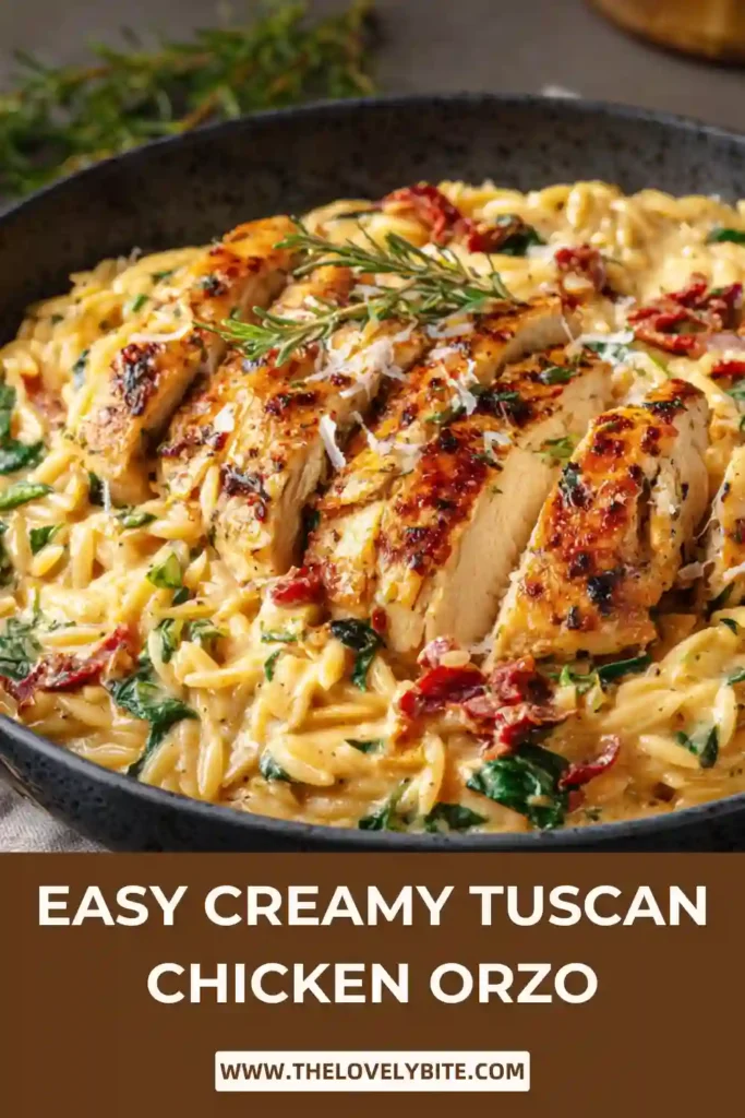One-pan Creamy Tuscan Chicken Orzo served with fresh basil and grated Parmesan. The dish showcases golden chicken and creamy pasta in a flavorful Tuscan-inspired sauce.