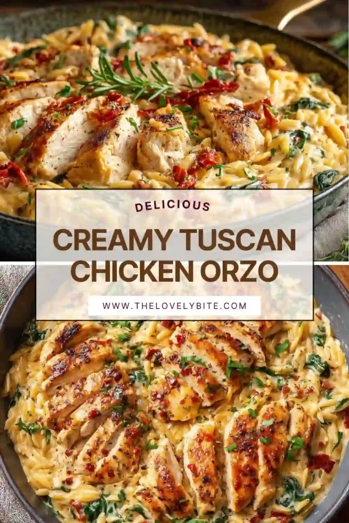 Close-up of Creamy Tuscan Chicken Orzo with spinach, basil, and Parmesan cheese. Tender chicken slices rest on top of creamy orzo pasta.