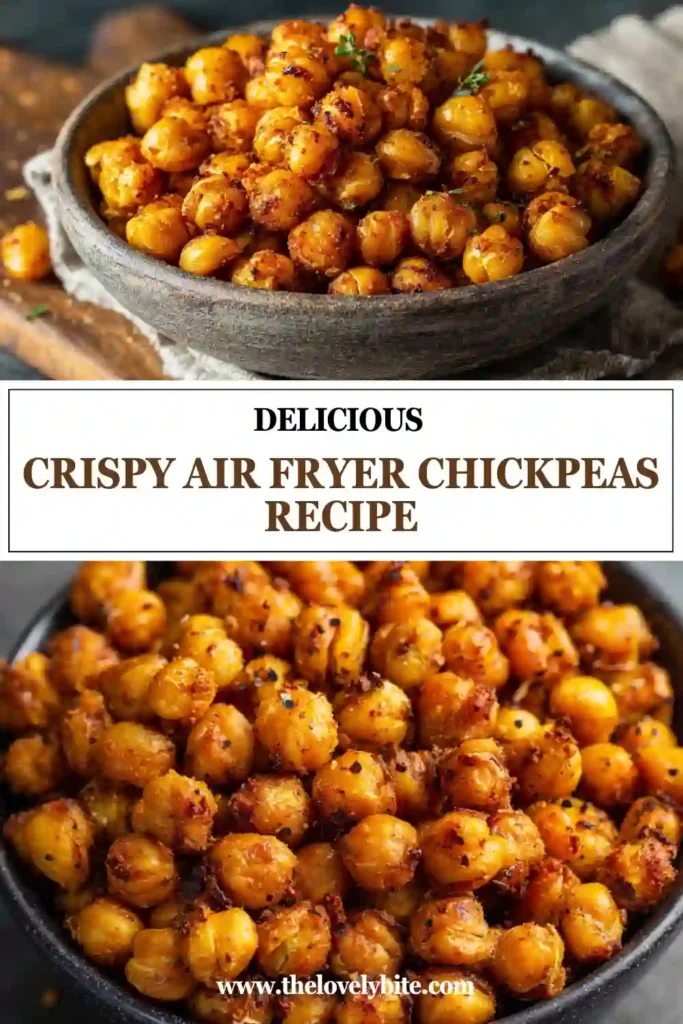 A bowl of crispy air fryer chickpeas seasoned with savory spices and roasted until golden brown. This healthy chickpea snack is crunchy, flavorful, and easy to make.