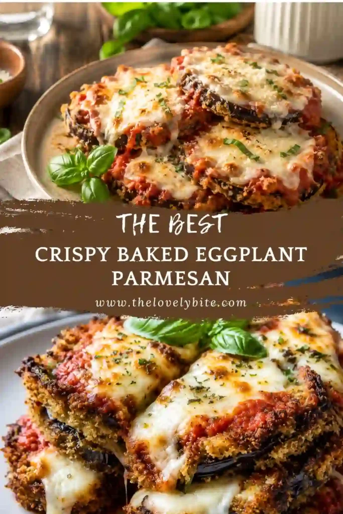 A serving of Crispy Baked Eggplant Parmesan topped with melted mozzarella cheese and fresh basil. Layers of golden baked eggplant and rich marinara sauce create a hearty Italian-inspired meal.