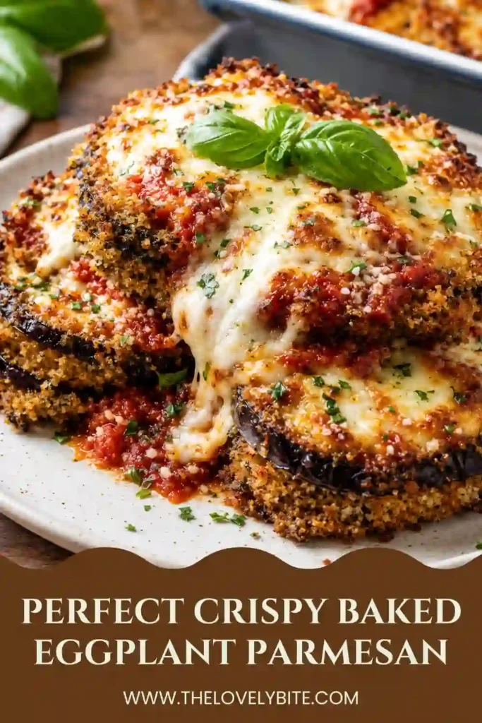 Freshly baked Crispy Baked Eggplant Parmesan in a casserole dish with bubbly cheese and tomato sauce. This vegetarian comfort food features crispy breadcrumb-coated eggplant slices.