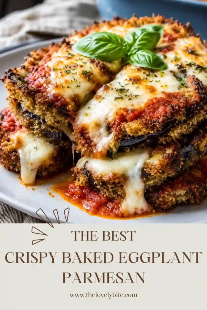 Close-up view of Crispy Baked Eggplant Parmesan showing crunchy baked eggplant layers, marinara sauce, and melted mozzarella. Perfect for a family-friendly Italian dinner.
