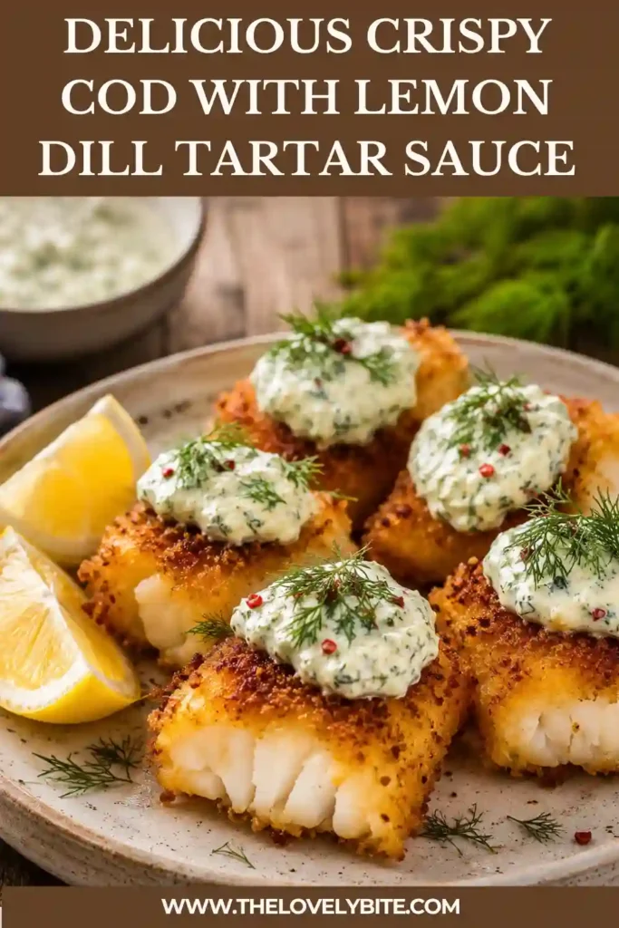 Pan-fried crispy cod with homemade lemon dill tartar sauce, garnished with fresh dill and lemon slices. This easy seafood recipe features tender fish with a crisp golden crust.