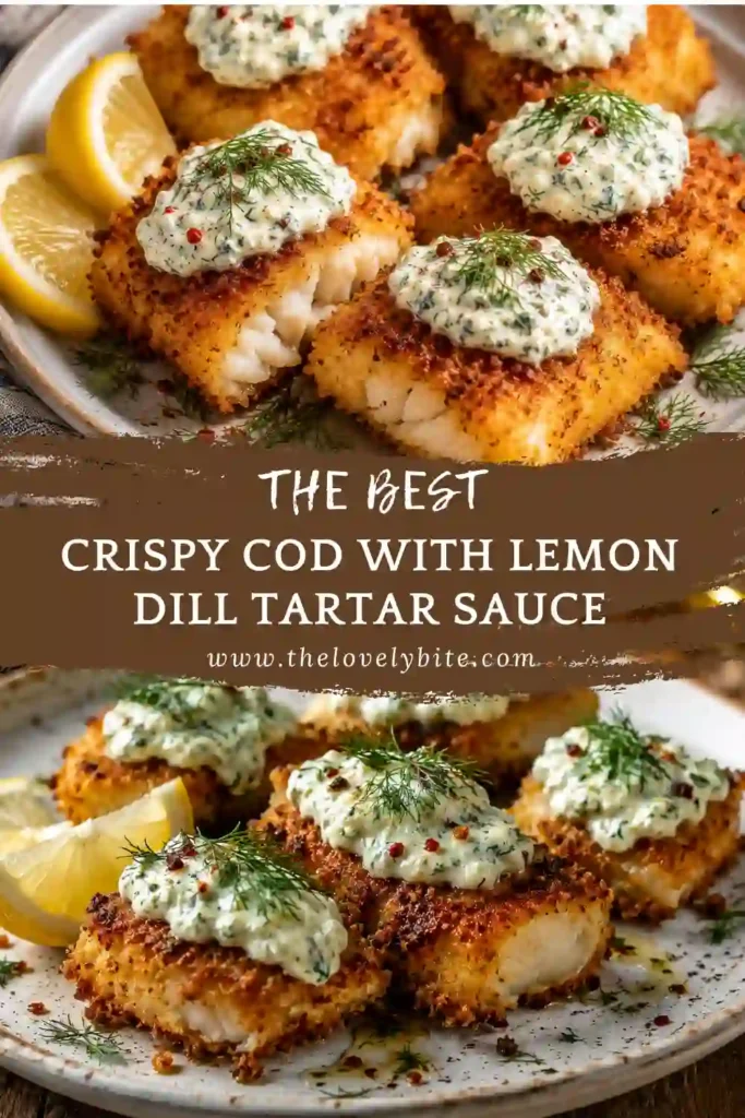 Freshly cooked crispy cod fillets with a crunchy breadcrumb coating served alongside creamy tartar sauce and roasted potatoes. A delicious family-friendly seafood meal.