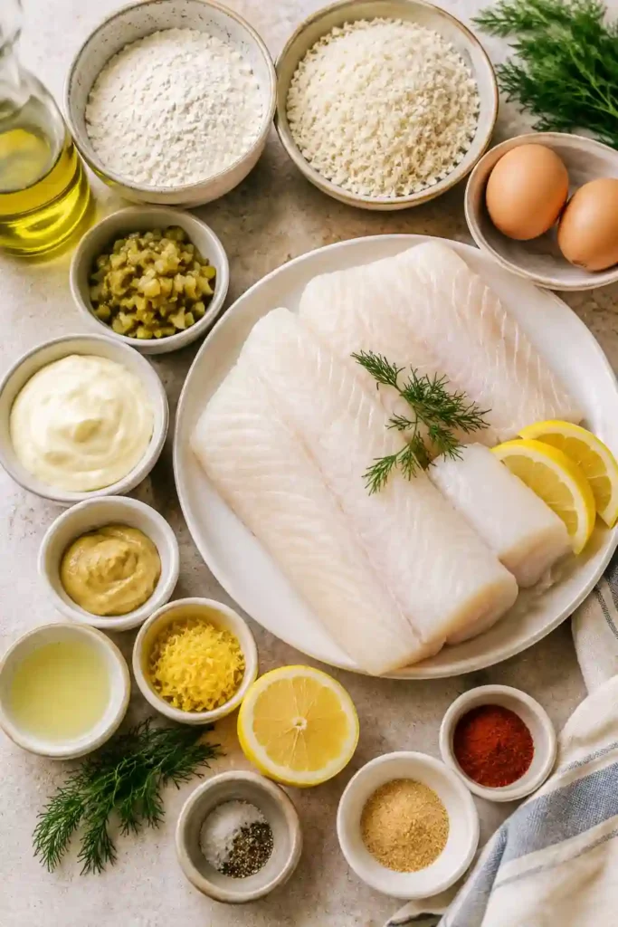 Golden crispy cod fillets served with creamy lemon dill tartar sauce and fresh lemon wedges on a white serving plate. The flaky fish has a crunchy panko coating perfect for a seafood dinner.