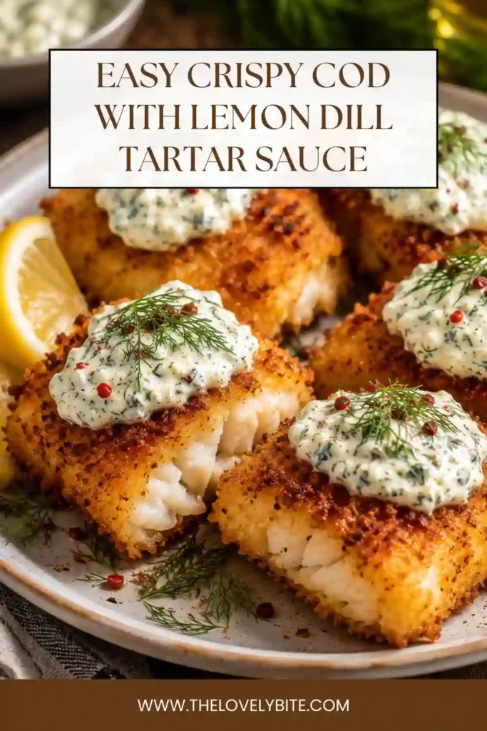 Close-up of crispy cod topped with fresh herbs and served with lemon dill tartar sauce. The golden crust and flaky interior make this an irresistible fish recipe.