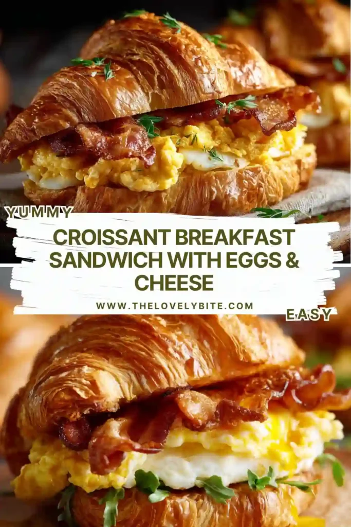 A warm Croissant Breakfast Sandwich filled with fluffy scrambled eggs, crispy turkey bacon, and melted cheddar cheese. The flaky croissant is golden brown and freshly baked.