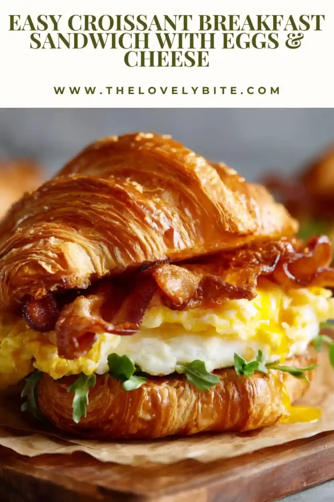 Close-up view of a croissant egg sandwich with sharp cheddar cheese and turkey bacon. This homemade breakfast sandwich is served fresh from the oven.