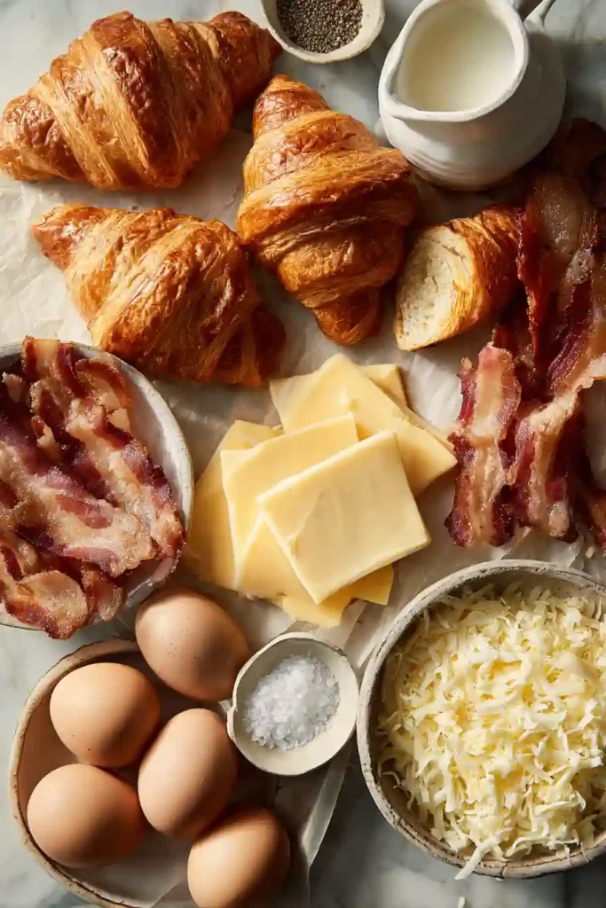 Golden croissant breakfast sandwich stuffed with scrambled eggs and cheddar cheese. A hearty breakfast recipe perfect for brunch and meal prep.