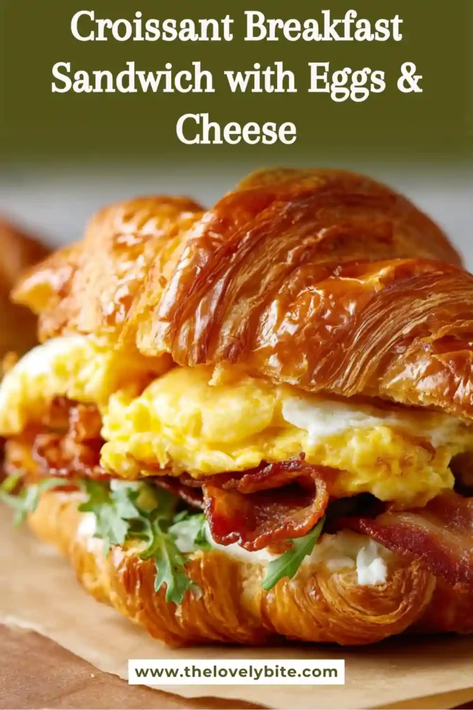 Freshly baked Croissant Breakfast Sandwich arranged on a serving platter. The sandwich features creamy eggs, melted cheese, and crispy turkey bacon.