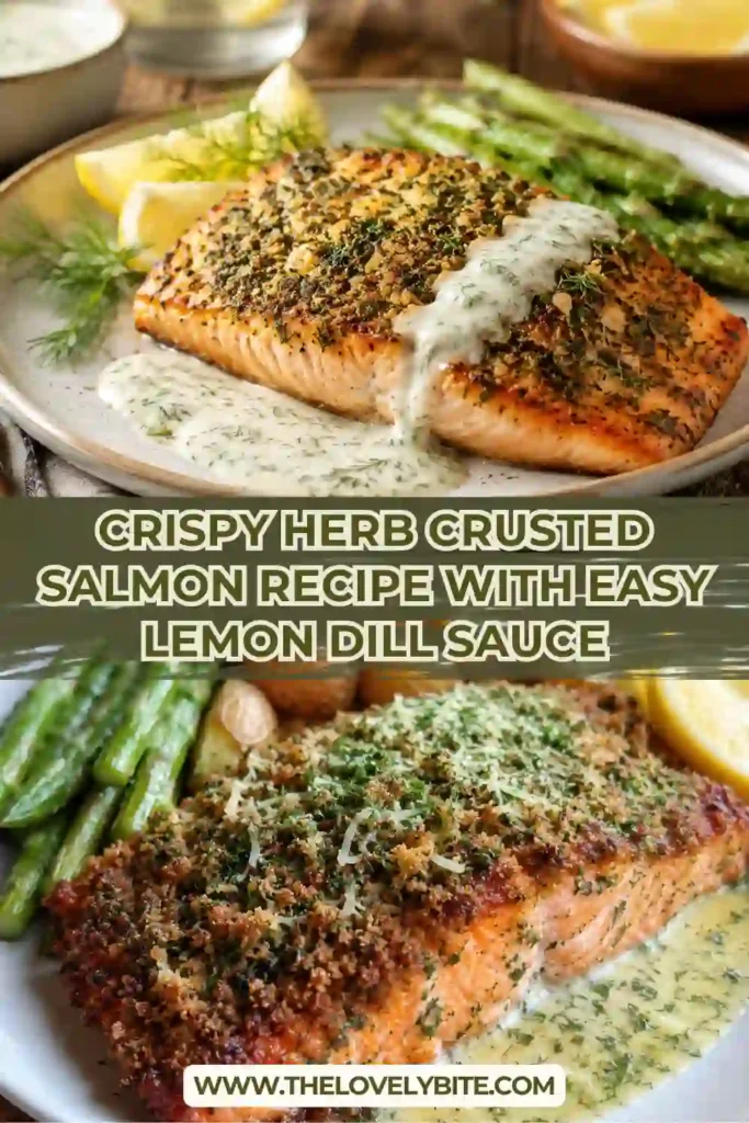Golden pan-seared salmon coated with parsley, dill, thyme, and crunchy breadcrumbs. Creamy Greek yogurt lemon dill sauce is served on the side.