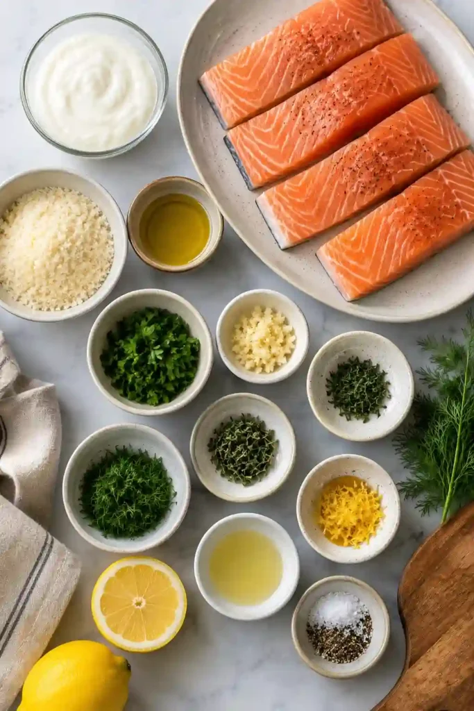 A crispy herb crusted salmon fillet with a golden panko coating served alongside creamy lemon dill sauce. Fresh herbs and lemon wedges complete this healthy seafood dinner.