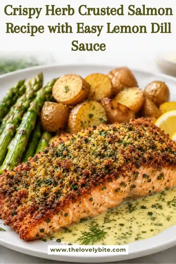 Fresh herb crusted salmon cooked until crispy and flaky, garnished with dill and lemon slices. A quick and healthy salmon recipe perfect for dinner.