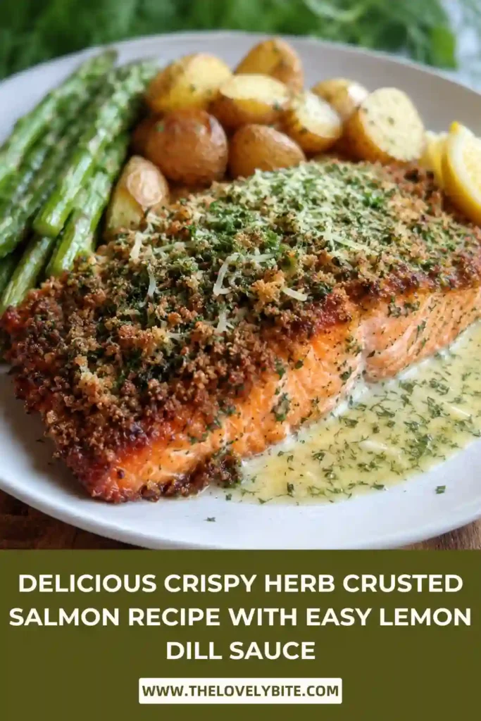 Restaurant-style crispy herb crusted salmon with creamy lemon dill sauce on a serving plate. The salmon features a crunchy golden crust and tender interior.
