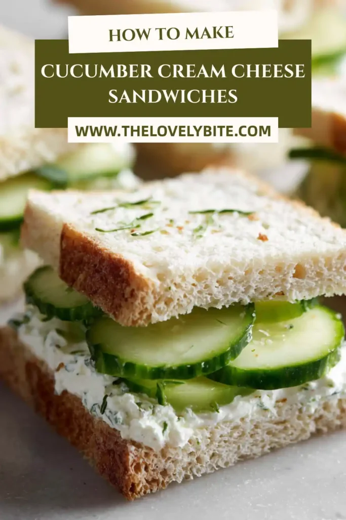 Fresh Cucumber Cream Cheese Sandwiches made with thin cucumber slices and chive cream cheese on soft white bread. These elegant tea sandwiches are sliced into neat triangles for serving.