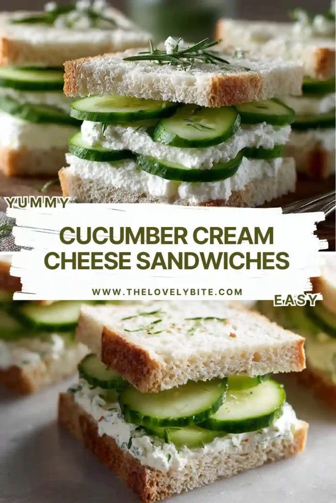 A platter of homemade cucumber sandwiches featuring fresh cucumber, cream cheese, and white bread. Perfect for brunch tables, tea parties, and light lunches.