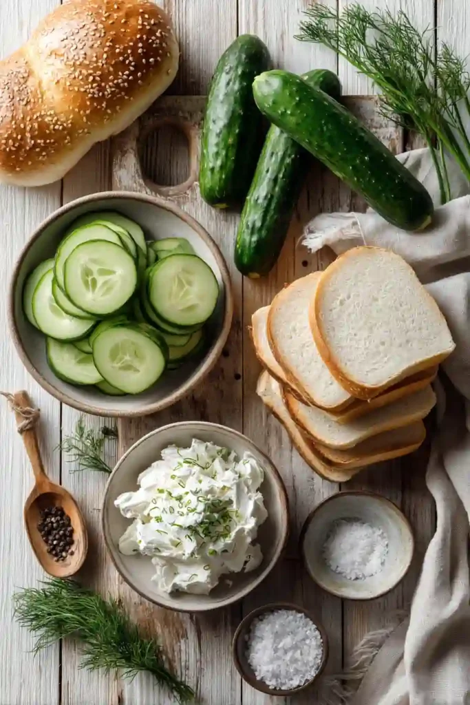 Close-up view of Cucumber Cream Cheese Sandwiches cut into triangles with visible layers of cucumber and herb cream cheese. A perfect addition to any afternoon tea menu.