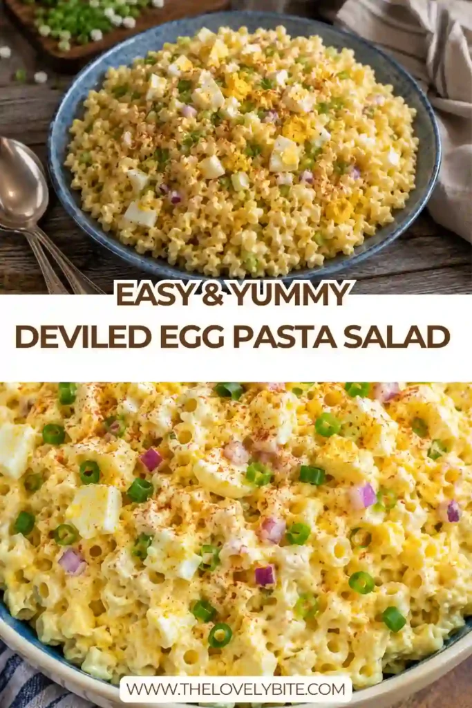 A bowl of Deviled Egg Pasta Salad Recipe made with tender macaroni, chopped eggs, and creamy mustard dressing. Fresh green onions and paprika add color and flavor to this classic side dish.