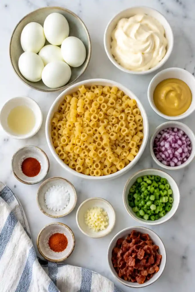 Creamy egg pasta salad with mustard dressing, chopped eggs, and tender macaroni. Garnished with paprika and green onions for extra flavor and color.