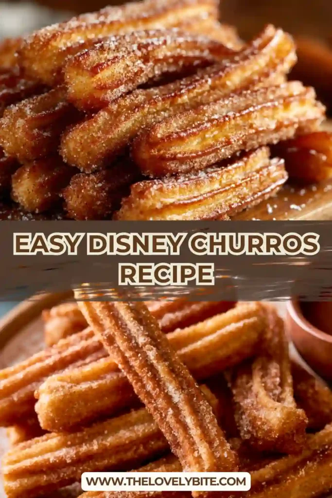 Freshly fried Disney churro bites coated in cinnamon sugar and served on a white plate. These homemade churros have a golden exterior and soft, fluffy interior.
