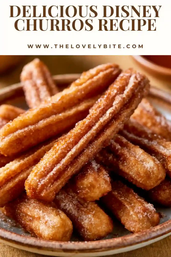 A bowl of homemade Disney churros dusted with cinnamon sugar beside a rich chocolate dipping sauce. The churro bites are golden brown and freshly prepared.