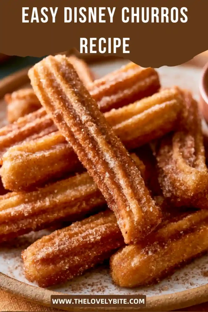 Close-up view of Disney churro bites showing their crisp ridged exterior and cinnamon sugar coating. The churros are arranged on a serving platter.