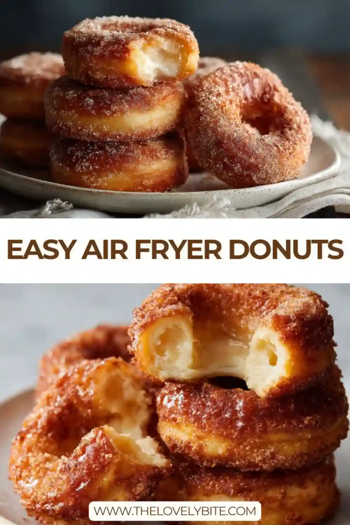 Homemade air fryer donuts covered in buttery cinnamon sugar on a serving plate. Quick and easy biscuit donuts perfect for breakfast or dessert.