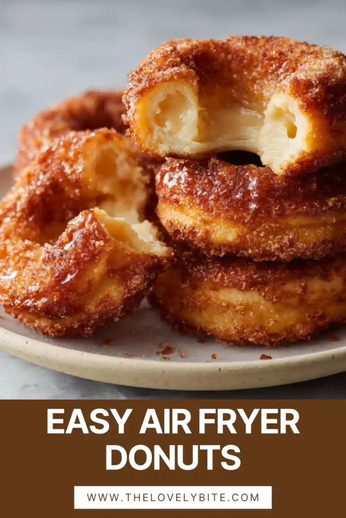 Warm cinnamon sugar air fryer donuts arranged on a platter. These easy homemade donuts are crispy outside and tender inside.
