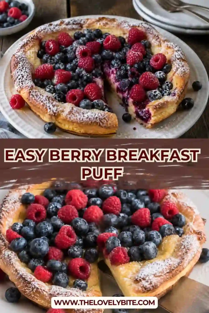 A freshly baked Easy Berry Breakfast Puff topped with powdered sugar, fresh strawberries, raspberries, and blueberries. Served warm with creamy yogurt on the side.