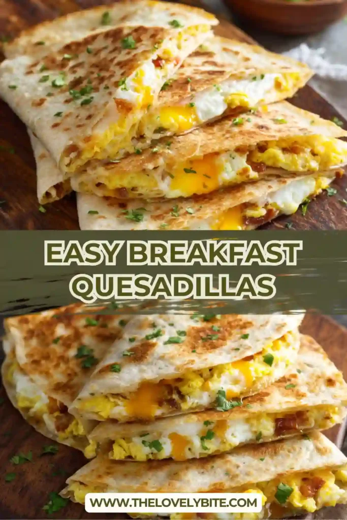 Easy Breakfast Quesadillas filled with scrambled eggs, cheddar cheese, and crispy beef bacon cut into wedges.