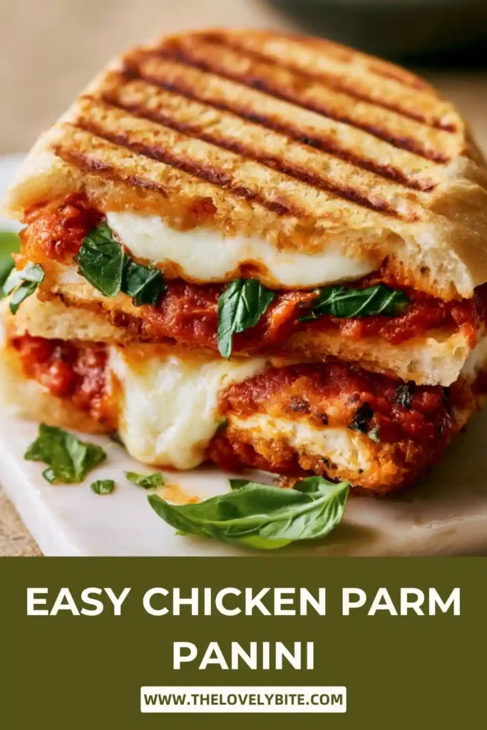 Freshly grilled Chicken Parm Panini sliced in half to reveal layers of chicken, marinara, and mozzarella. The bread has a crisp golden crust and melted cheesy center.