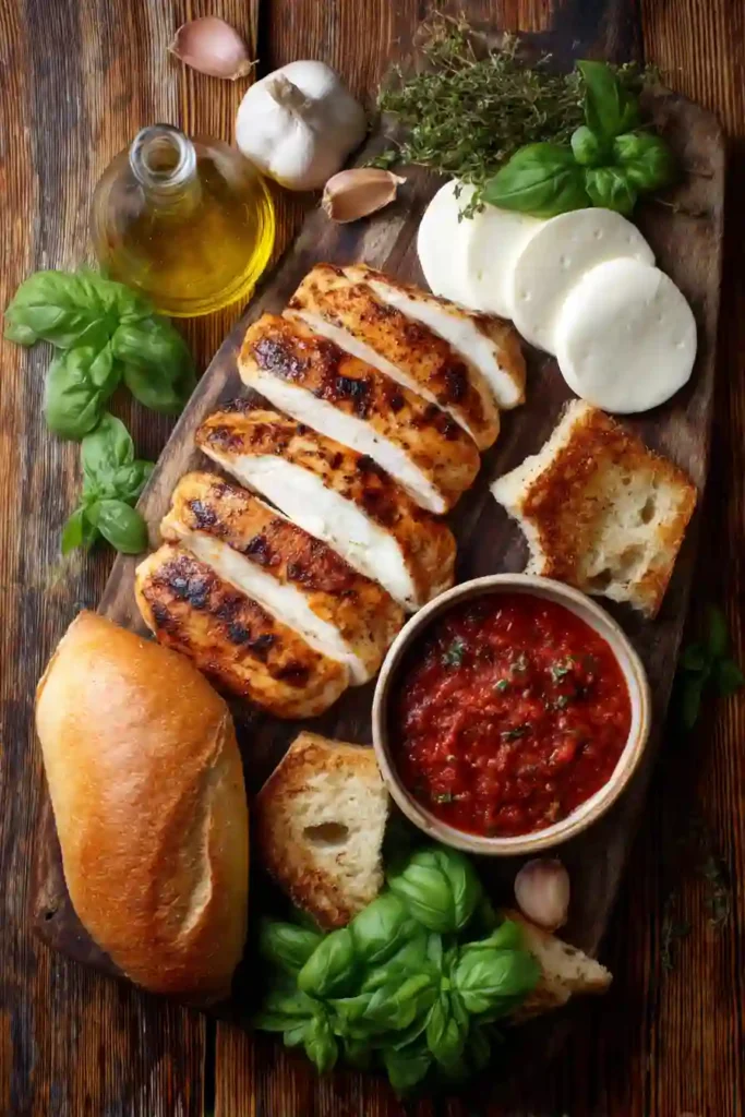 Close-up view of a crispy Chicken Parm Panini featuring golden bread, melted cheese, and seasoned chicken. Served warm for a comforting and satisfying meal.