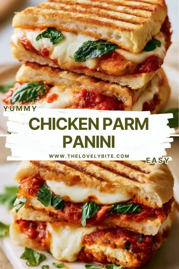 Homemade Chicken Parm Panini served with marinara dipping sauce on a wooden board. Toasted bread and melted mozzarella create a delicious Italian-inspired sandwich.