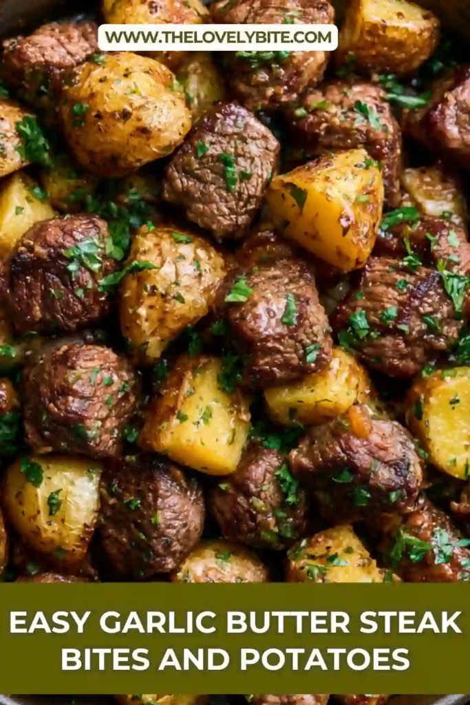 One-pan Garlic Butter Steak Bites and Potatoes garnished with fresh herbs.