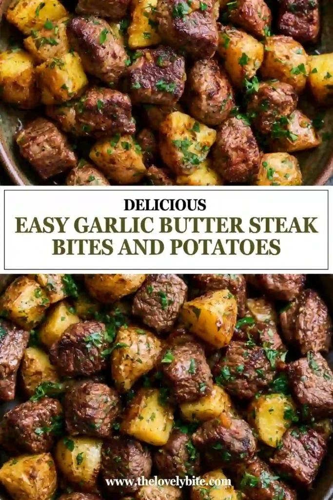Close-up of seared steak bites and roasted potatoes cooked in garlic butter.