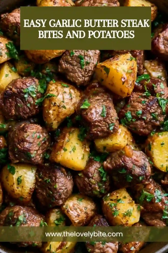 Garlic Butter Steak Bites and Potatoes served in a cast iron skillet with golden potatoes and juicy steak pieces.