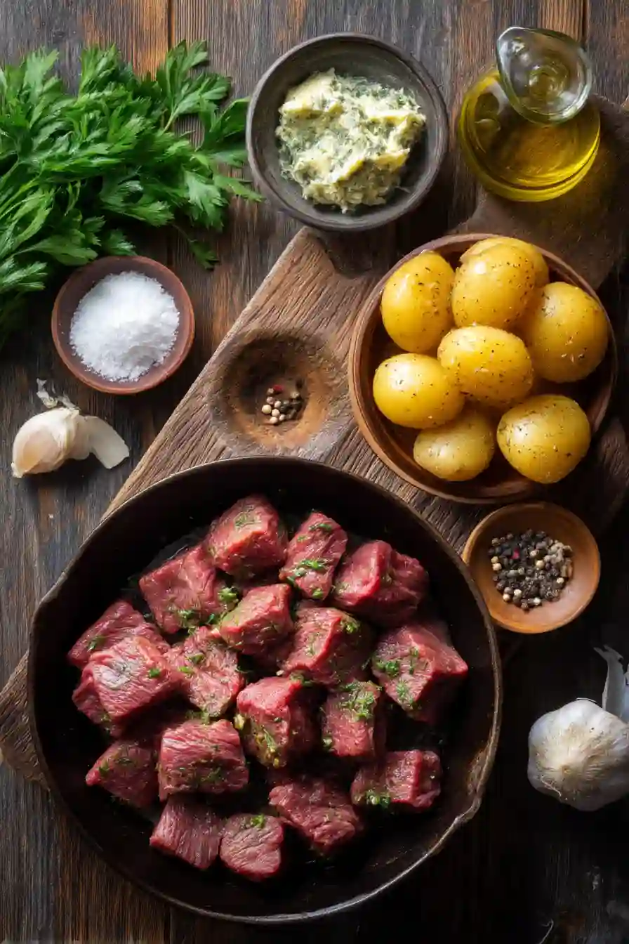 Cast iron skillet filled with steak bites and potatoes coated in melted garlic herb butter.
