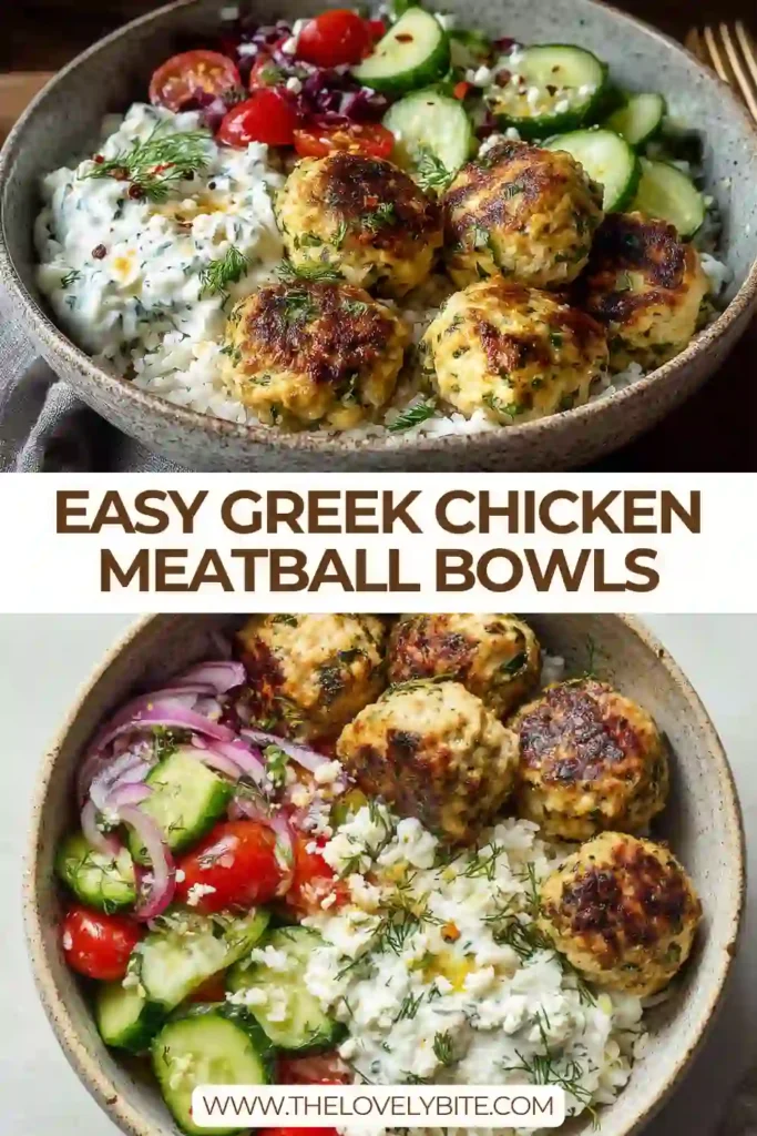 Greek Chicken Meatball Bowls arranged with rice, cucumber tomato salad, feta cheese, and yogurt dill sauce. A colorful and balanced Mediterranean meal.
