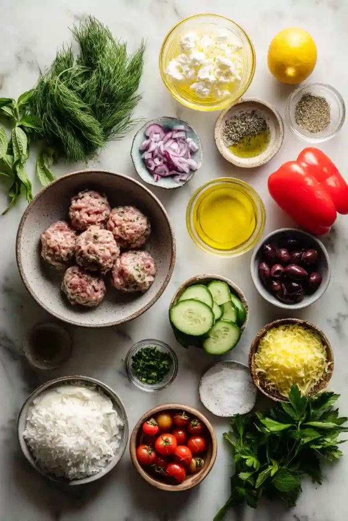 A bowl of Greek Chicken Meatball Bowls topped with cucumber salad, feta cheese, and creamy yogurt dill sauce. This healthy Mediterranean meal features juicy baked chicken meatballs and fresh vegetables.