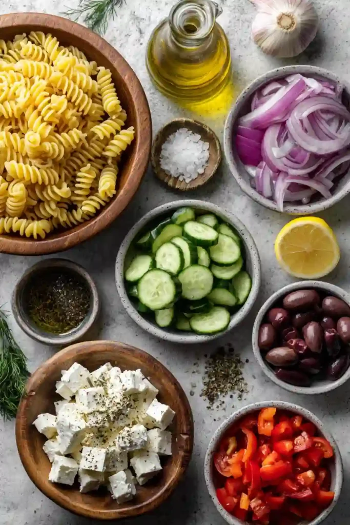 A bowl of Easy Greek Pasta Salad made with rotini pasta, feta cheese, cucumber, tomatoes, olives, and homemade Greek dressing. This colorful Mediterranean pasta salad is fresh, vibrant, and perfect for summer meals.
