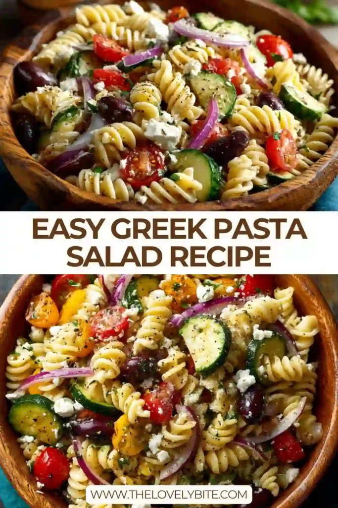 Healthy Greek pasta salad featuring rotini, cucumber, tomatoes, red onion, Kalamata olives, and feta cheese. A refreshing cold pasta salad ideal for lunches and gatherings.