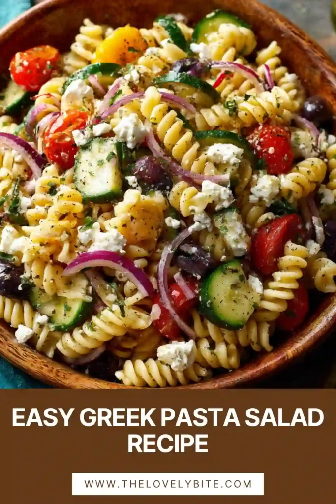 Easy Greek Pasta Salad served in a large bowl with colorful vegetables and creamy feta cheese. This Mediterranean-inspired dish is perfect for meal prep and entertaining.