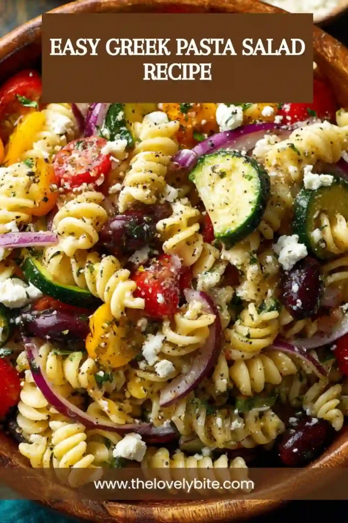 Greek pasta salad recipe made with rotini pasta, feta cheese, olives, tomatoes, cucumber, and red onion. A healthy and flavorful cold pasta salad for any occasion.