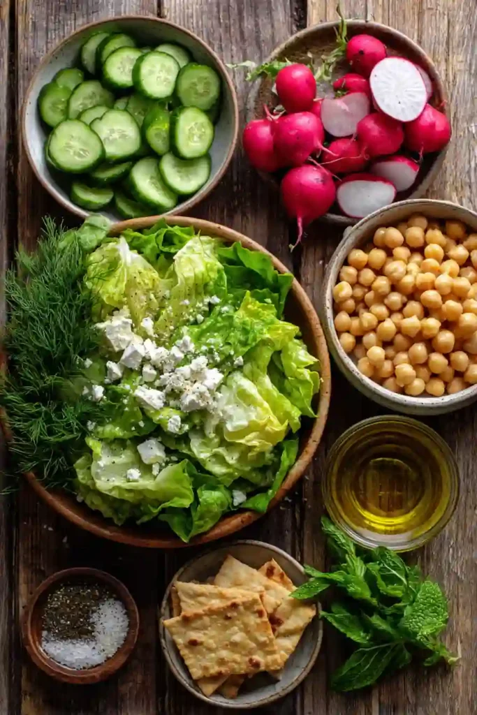 A bowl of Easy Green Summer Chopped Salad filled with romaine lettuce, chickpeas, cucumber, radishes, fresh herbs, and feta cheese. This healthy summer salad is colorful, crisp, and perfect for meal prep.
